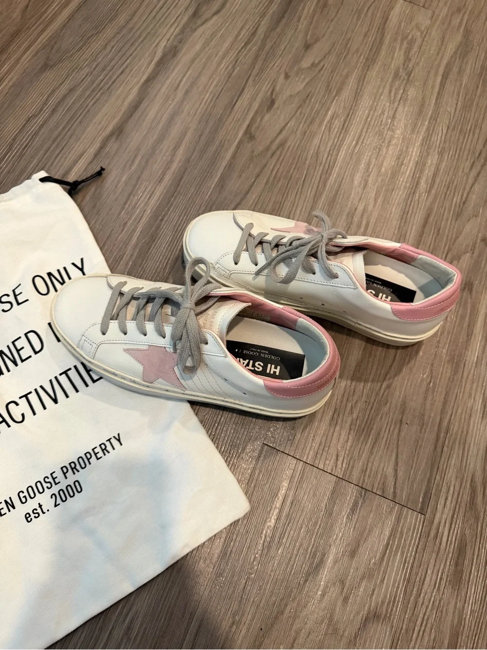 Golden Goose White Leather Sneakers with Pink Star and Heel